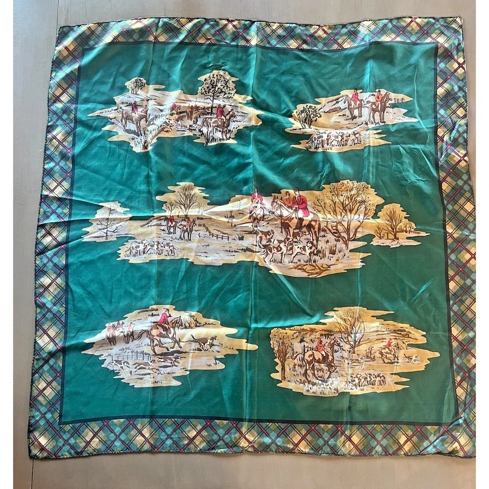 Vintage Equestrian Scarf Fox Hunt Plaid Satin Scarf‎ Green Preppy Classic Horse